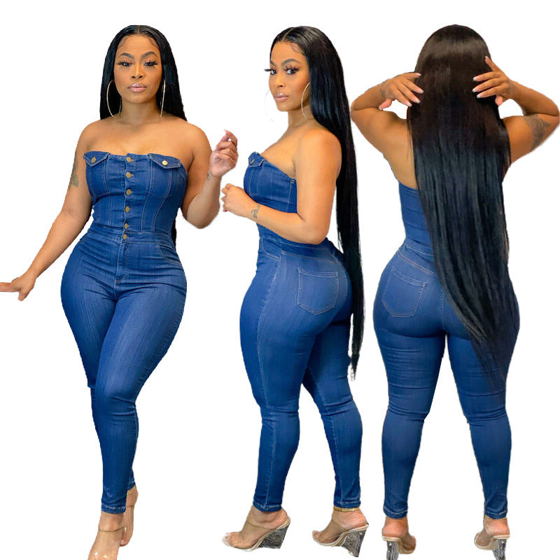 Slim Fit Denim Jumpsuit Ohne Schulter