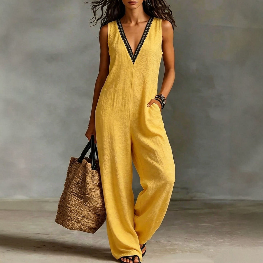 V-Ausschnitt Ärmelloser Jumpsuit mit weitem Bein