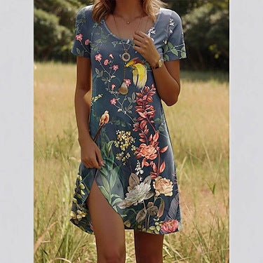 Gepunktetes Blumen Midikleid mit Rundhals – Bild 6 | LuxeStyle