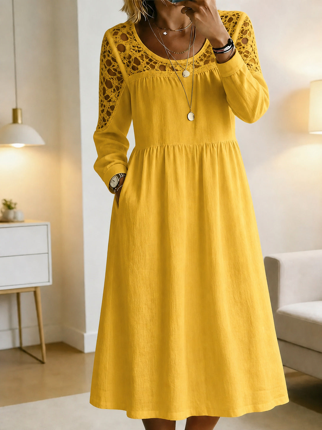 Besticktes A-Linien Midikleid aus Leinenmix – Bild 10 | LuxeStyle