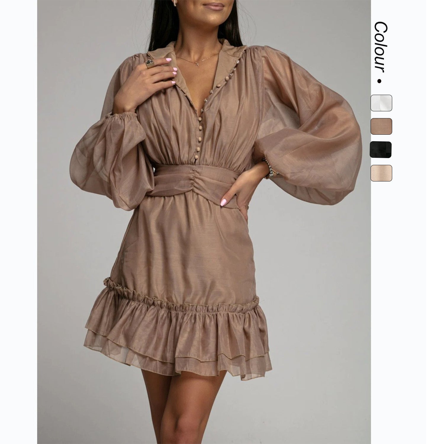 Spitzenkleid mit Rüschensaum und Knopfleiste