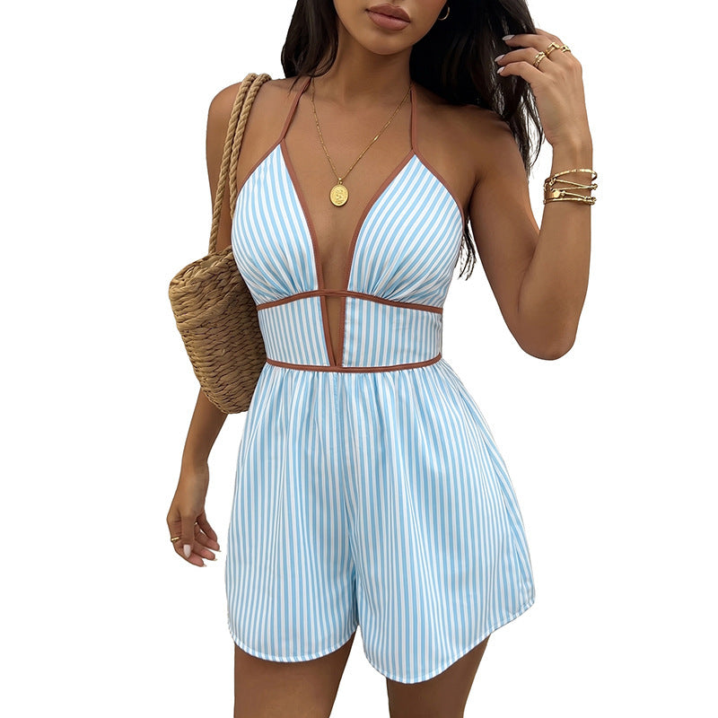 Gestreifter Halterneck Jumpsuit mit weitem Bein