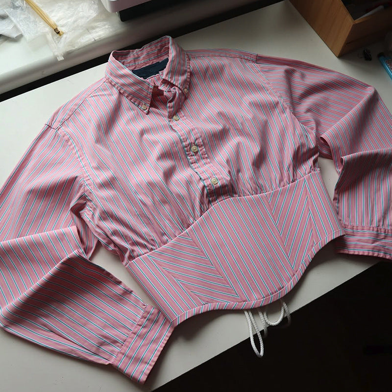 Stripeschulterbluse mit Taille, kurze Länge, lange Ärmel – Bild 4 | LuxeStyle