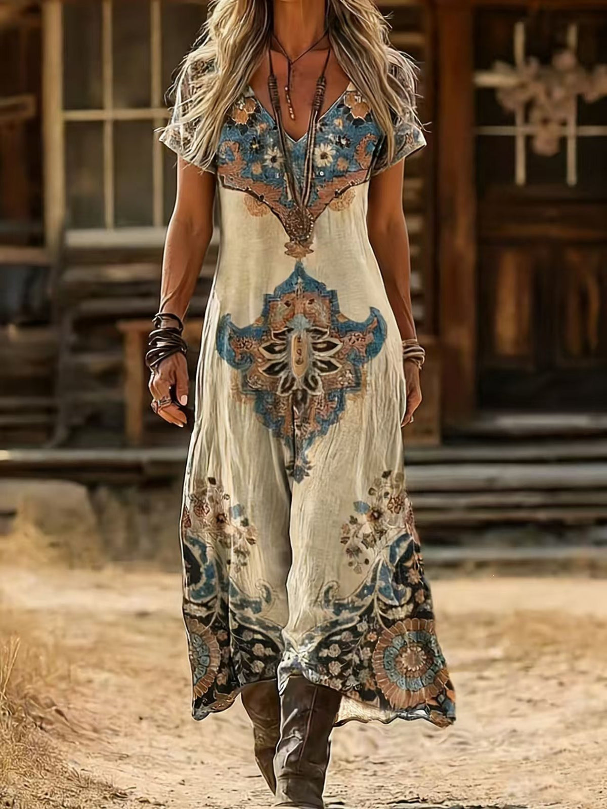 V-Ausschnitt Maxikleid mit Print – Bild 3 | LuxeStyle