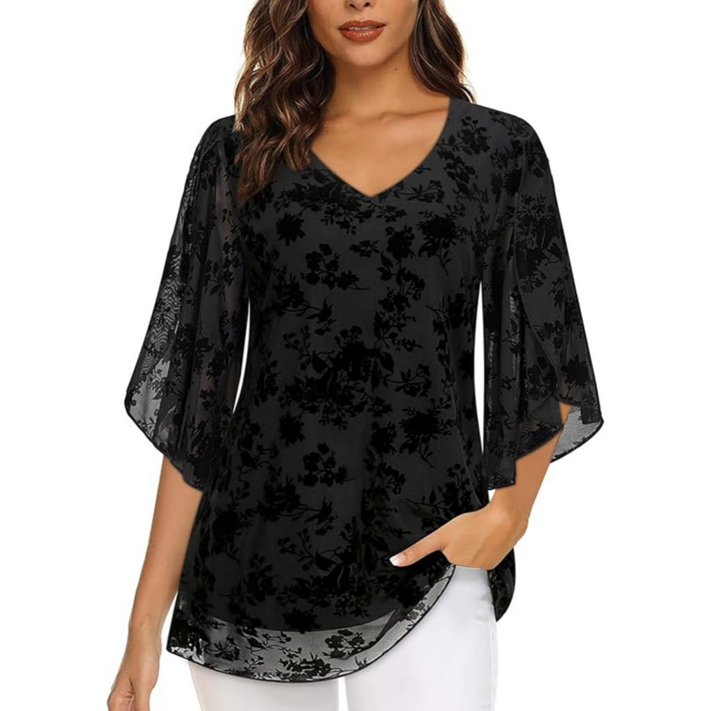 V-Neck Mesh Top mit 3/4-Ärmeln und Taillenschnürung