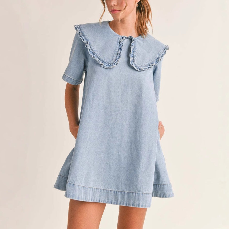 Jeanskleid mit Reverskragen und Rüschensaum – Bild 3 | LuxeStyle