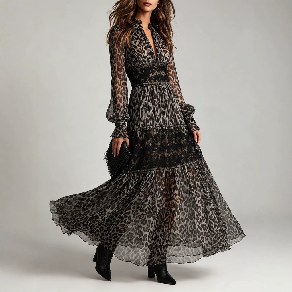 Damenkleid mit Leopardenmuster und Spitze | LuxeStyle