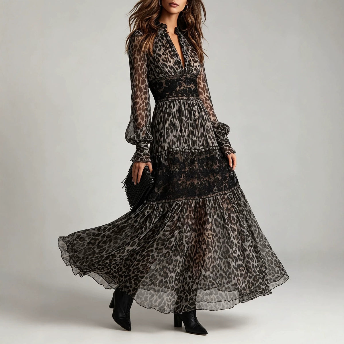 Damenkleid mit Leopardenmuster und Spitze | LuxeStyle
