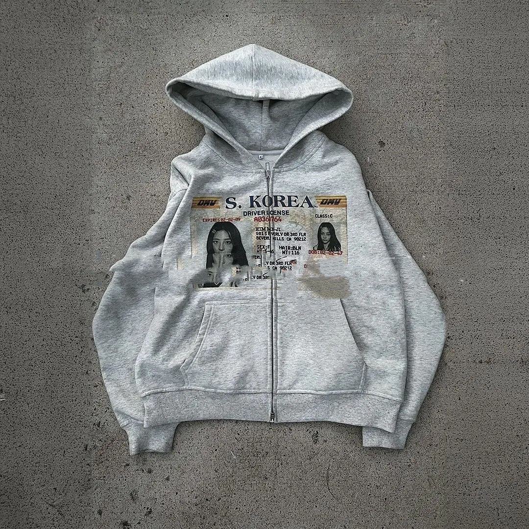 Retro Hoodie mit Ausweis-Print und Reissverschluss – Ansicht 2