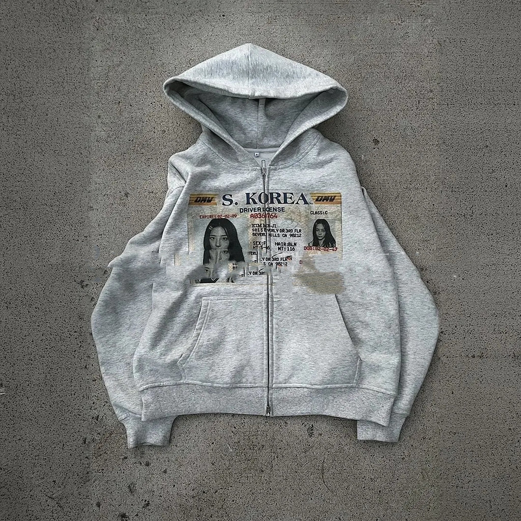 Retro Hoodie mit ID-Karten-Print und Reissverschluss – Ansicht 2