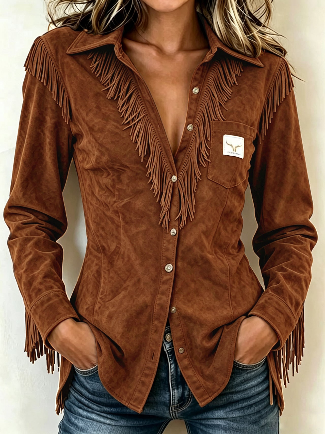 Western Cowboy Wildleder Fransen Langarmshirt