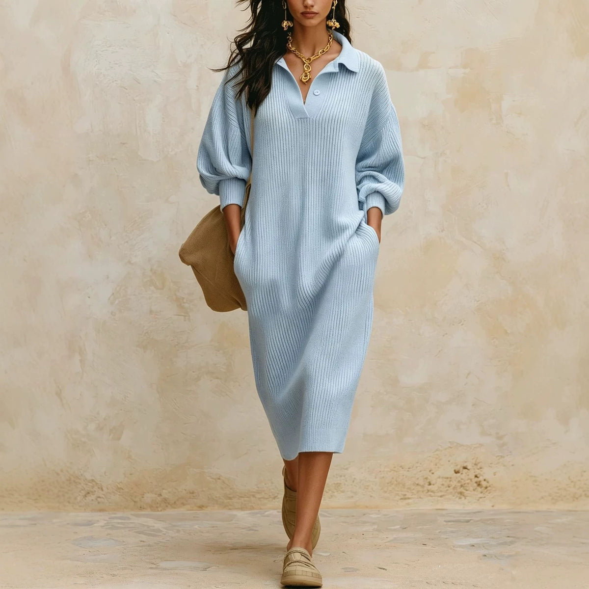 Pullover-Kleid mit V-Ausschnitt und Puffärmel – Bild 8 | LuxeStyle