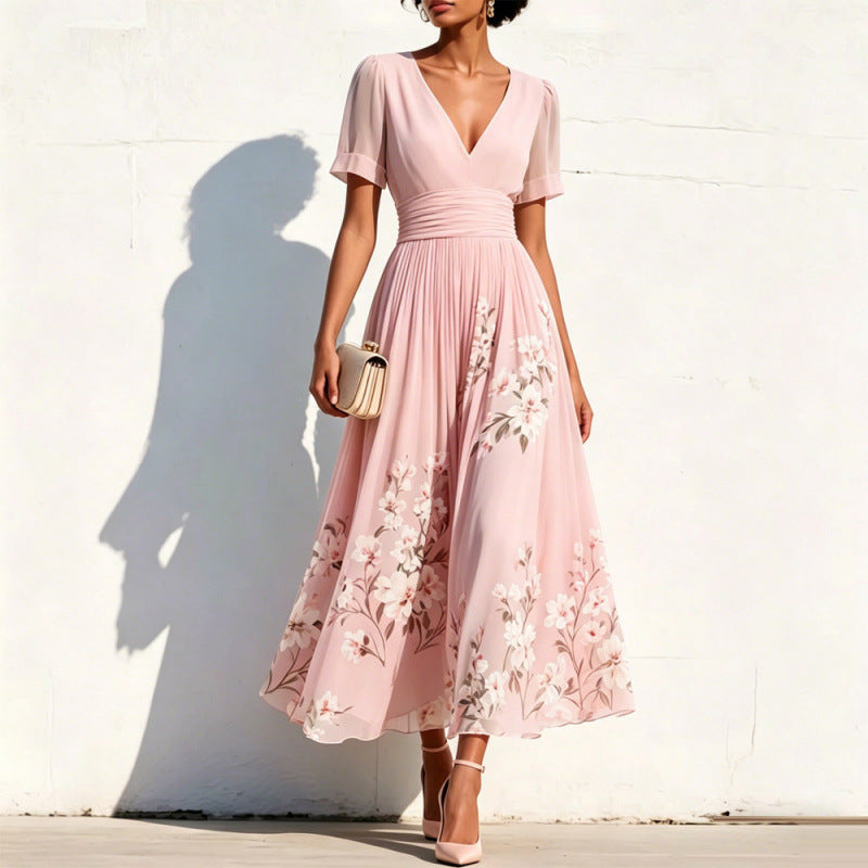 Lange Blumen-Kleid mit V-Hals