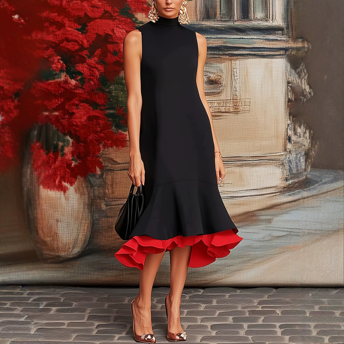 Elegantes Color-Block Midikleid mit Volantsaum | LuxeStyle