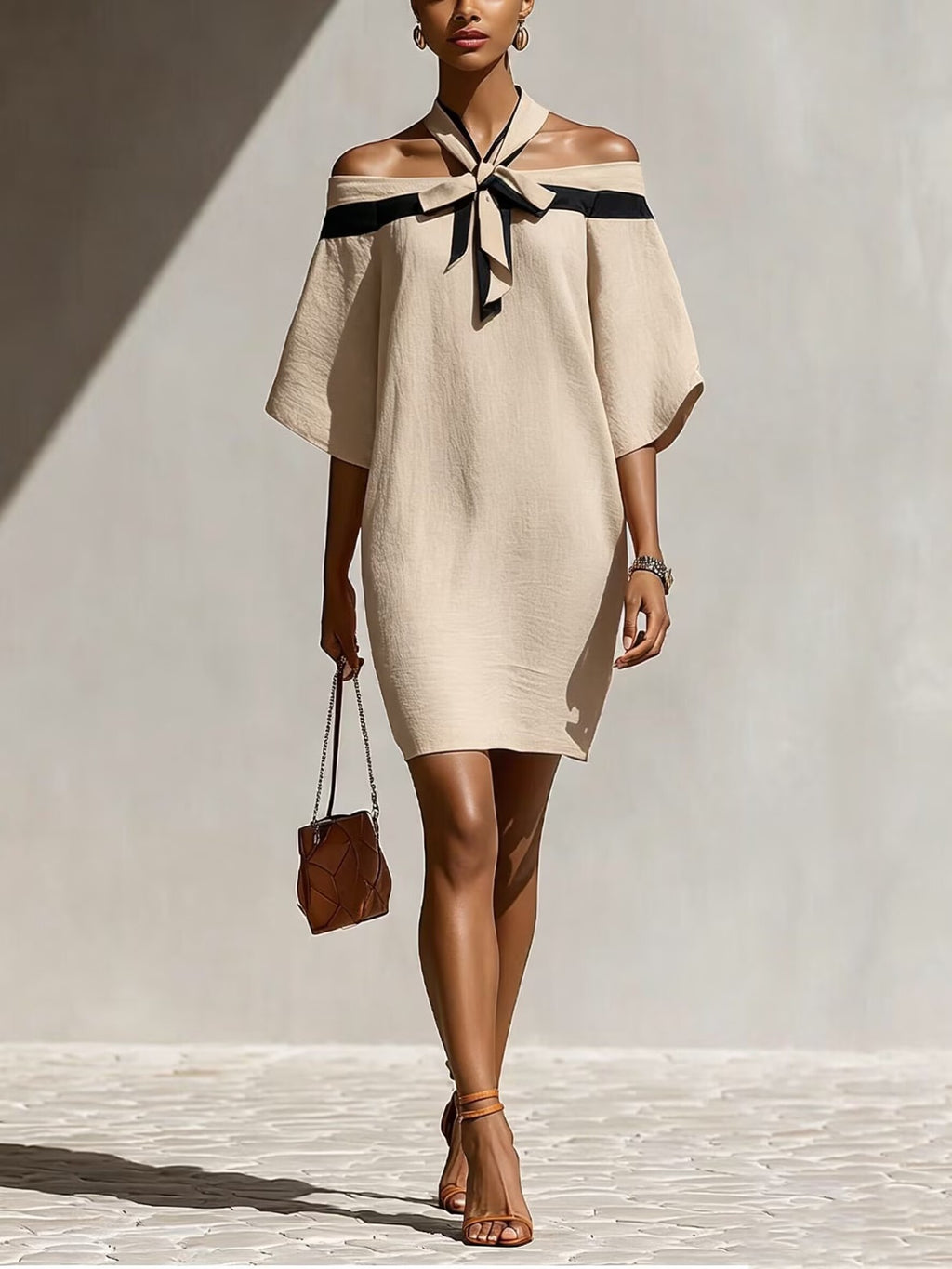 Off-Shoulder A-Linien-Kleid mit Schleife