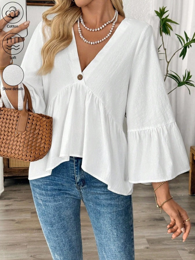 Elegante V-Neck Bluse mit Rüschenärmeln