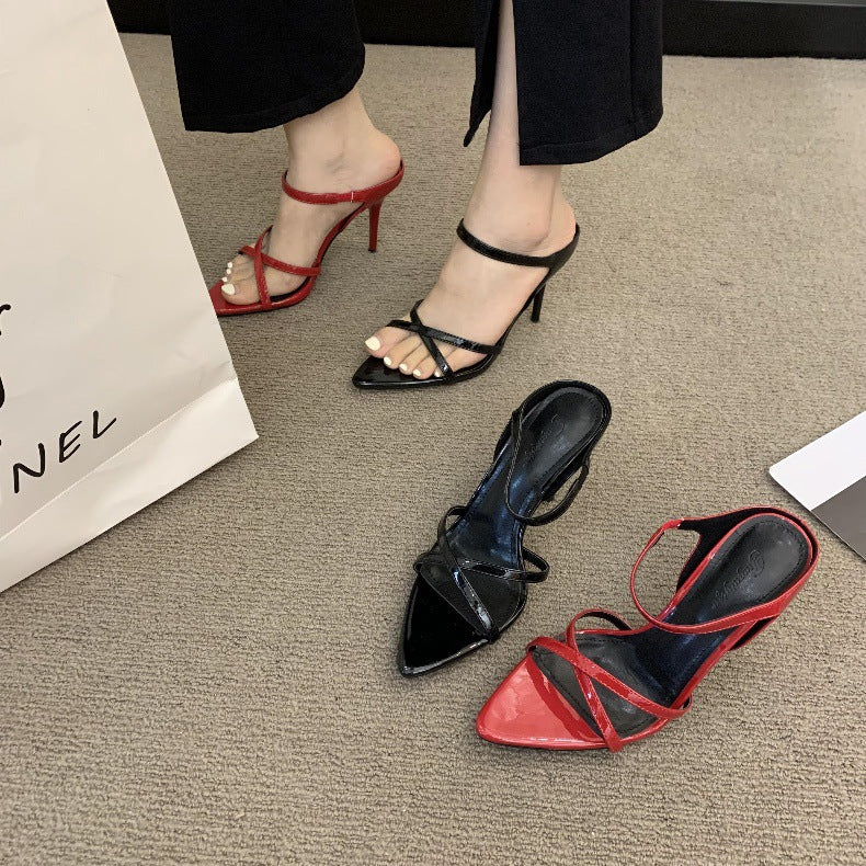 Weinrote Stiletto-Sandalen mit Fischmaul-Zehenpartie – Bild 4 | LuxeStyle