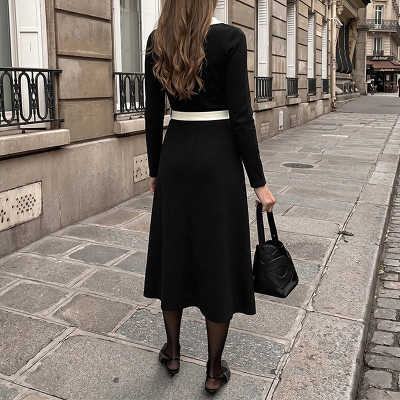 Colorblock V-Neck Strickkleid mit Schnürung