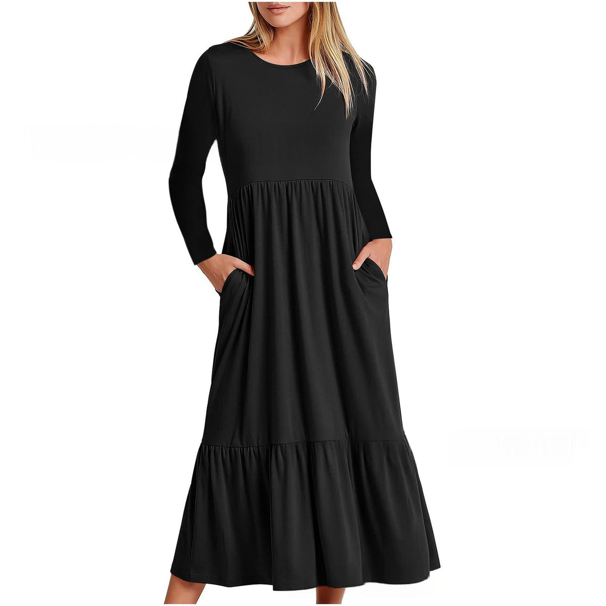 Elegantes Rundhals-Pleated-Maxi-Kleid – Bild 3 | LuxeStyle