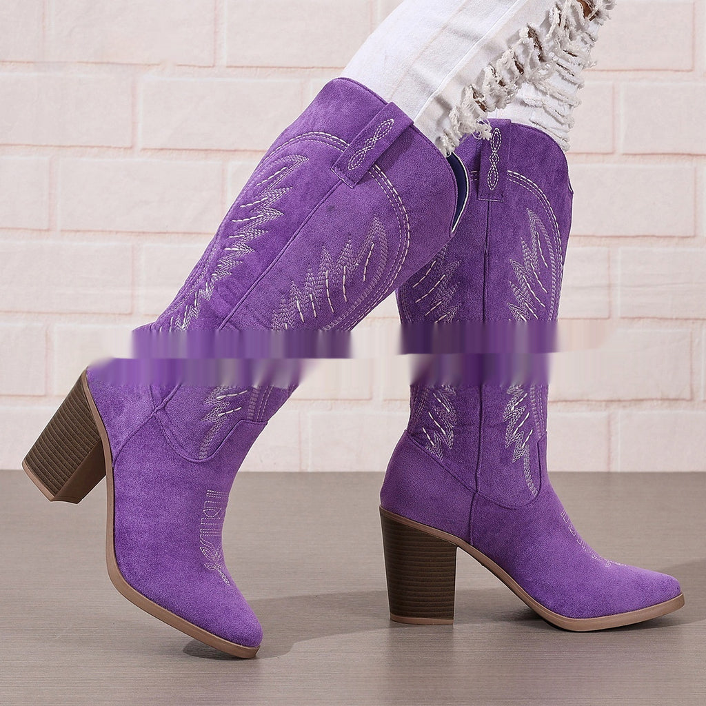 Pointed Mid-Heel Denim Boots mit Blumenstickerei