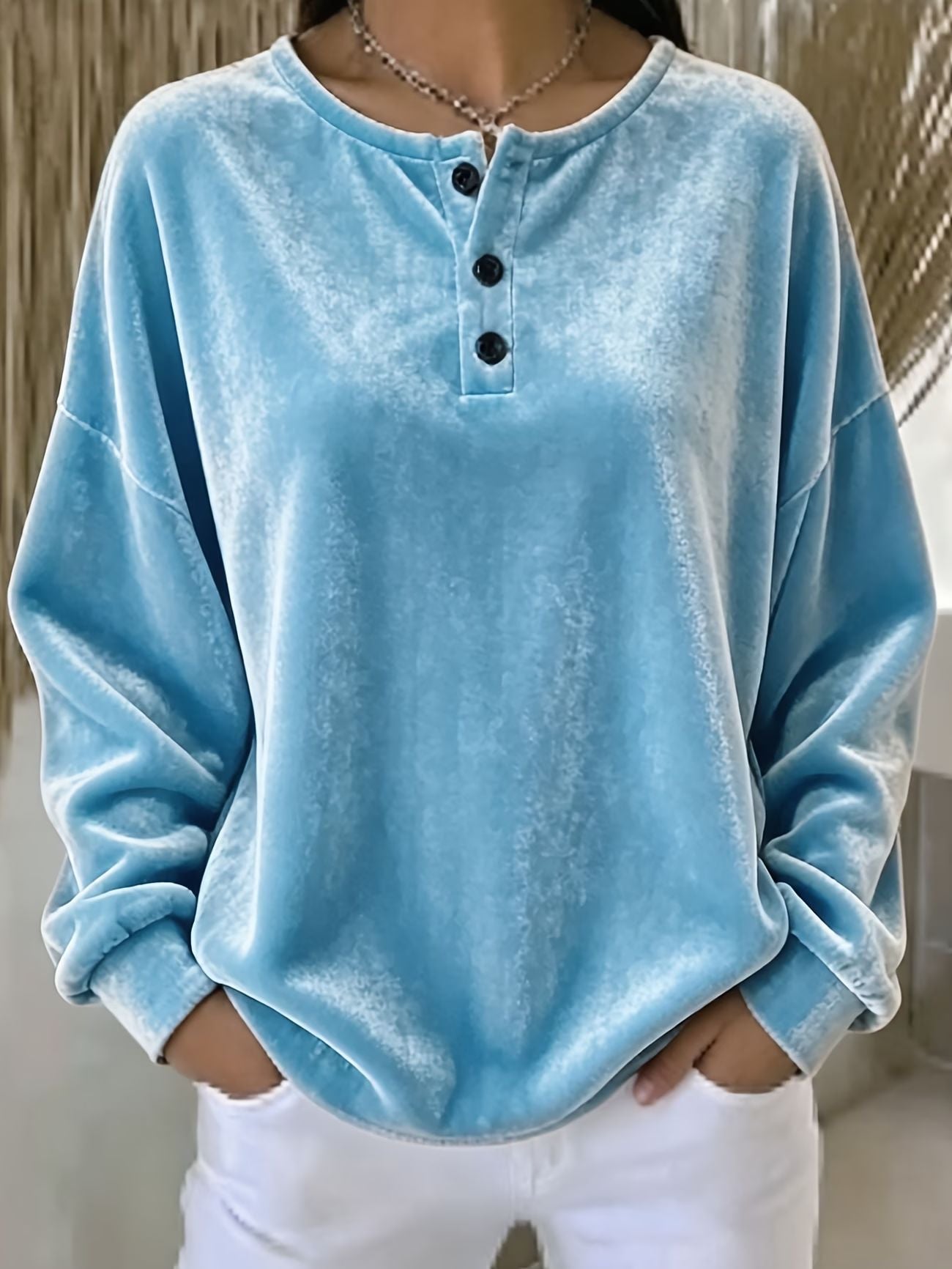 Samt Langarmshirt mit Knopfleiste