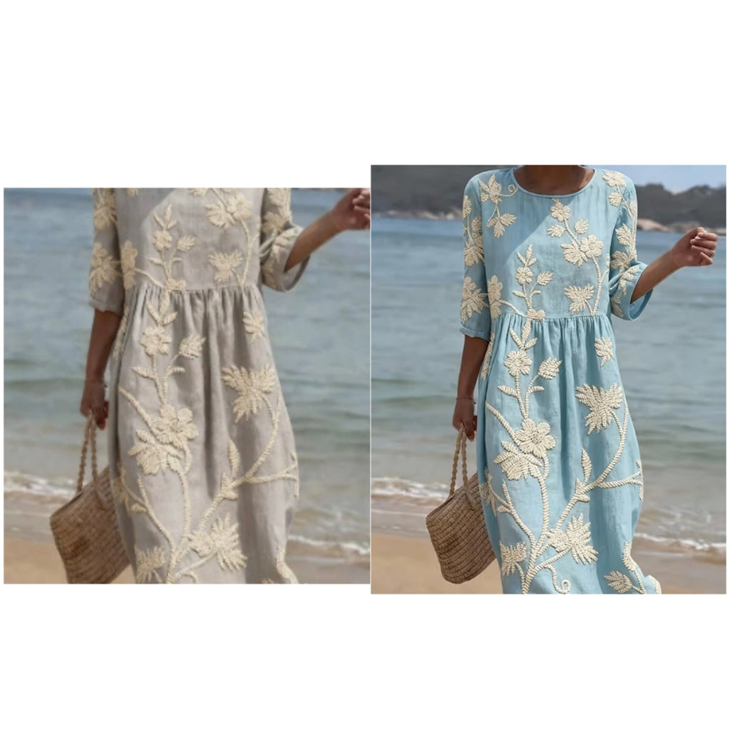 Langes A-Linien-Kleid mit Rundhals und Print