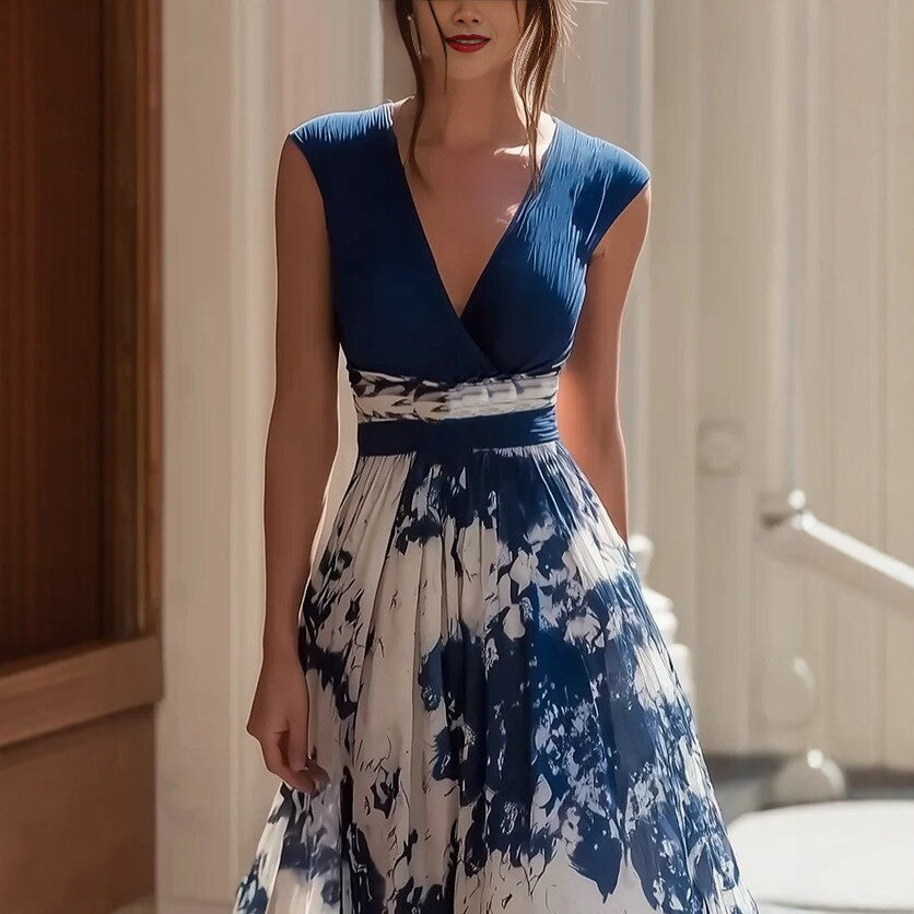 Ärmelloses V-Ausschnitt Porzellan-Print Kleid – Bild 4 | LuxeStyle