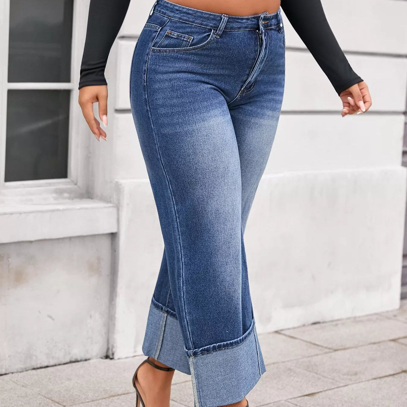 Damen Cuff Washed Wide-Leg Crop-Jeans