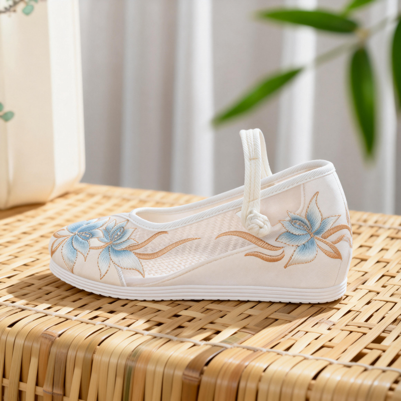 Bestickte Sommer-Mesh-Sandalen mit Keilabsatz