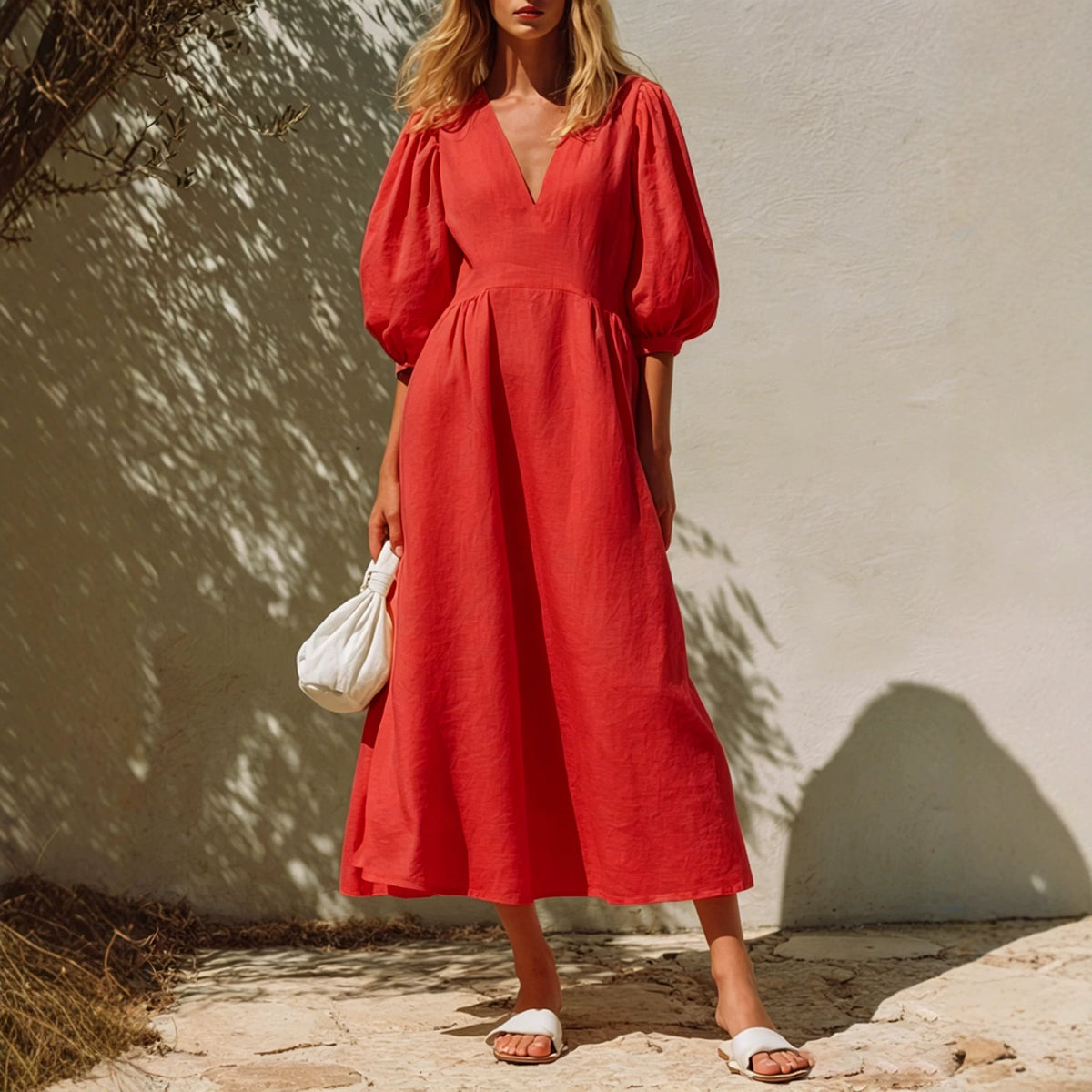 V-Ausschnitt Kleid mit Puffärmeln – Bild 3 | LuxeStyle