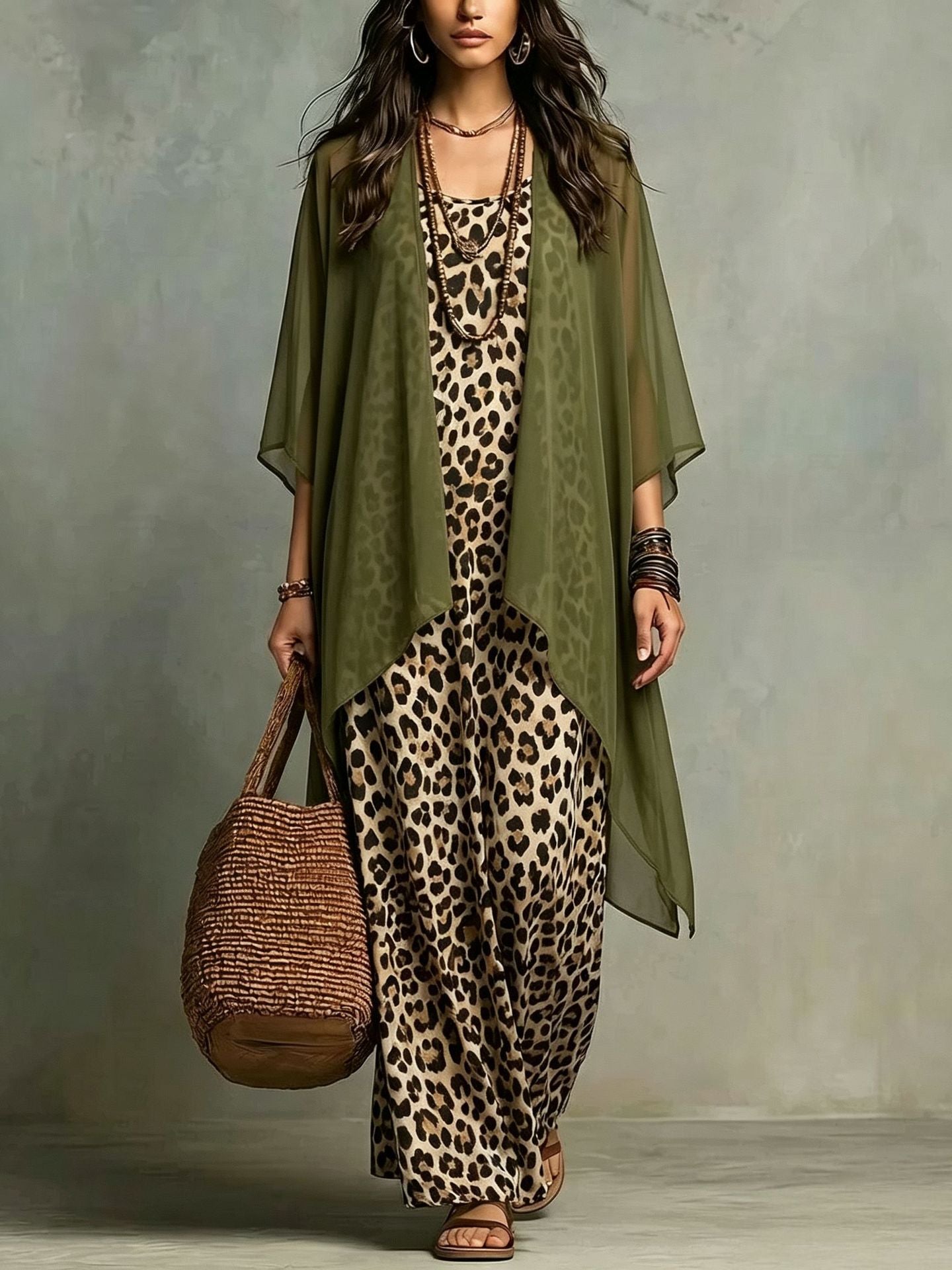 Leoparden-Print Trägerkleid Zweiteiler