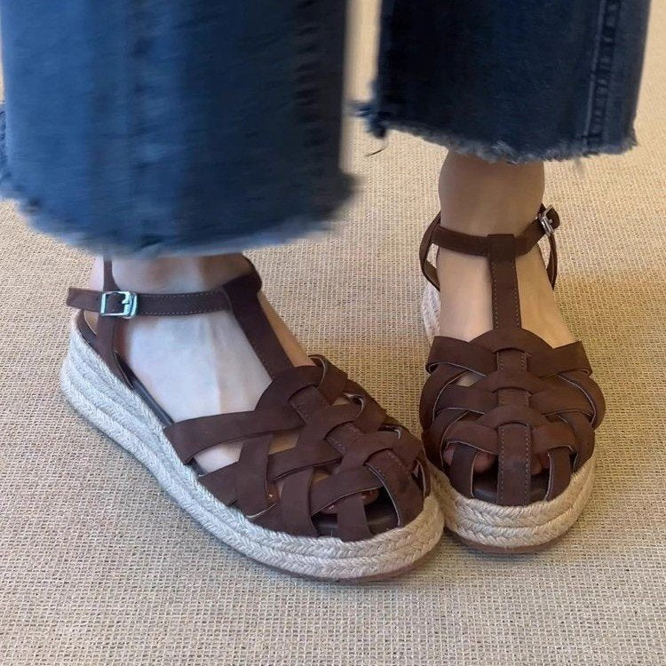 Keilsandalen aus Leinen mit Lederfutter