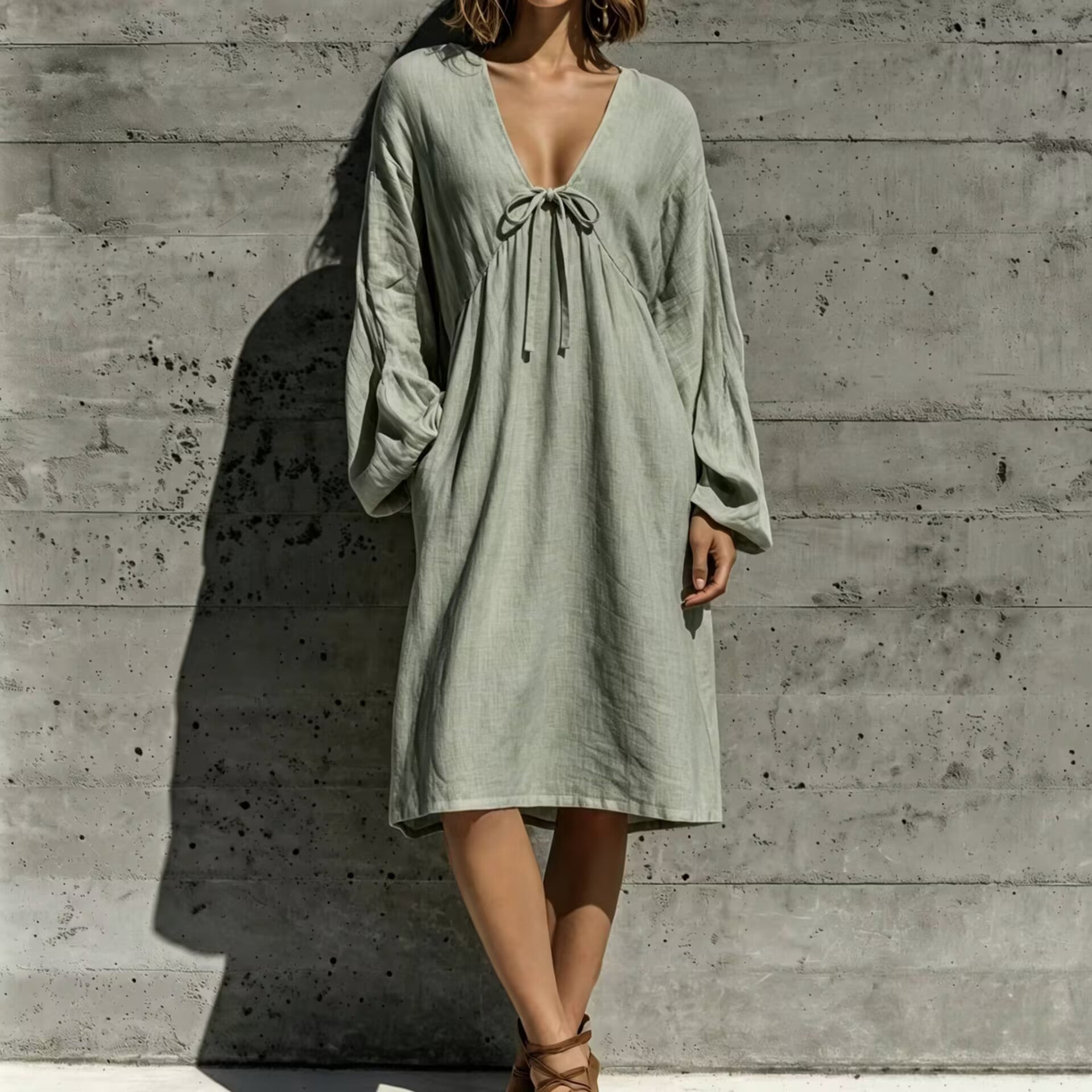 V-Ausschnitt Schnürkleid aus Baumwoll-Leinen