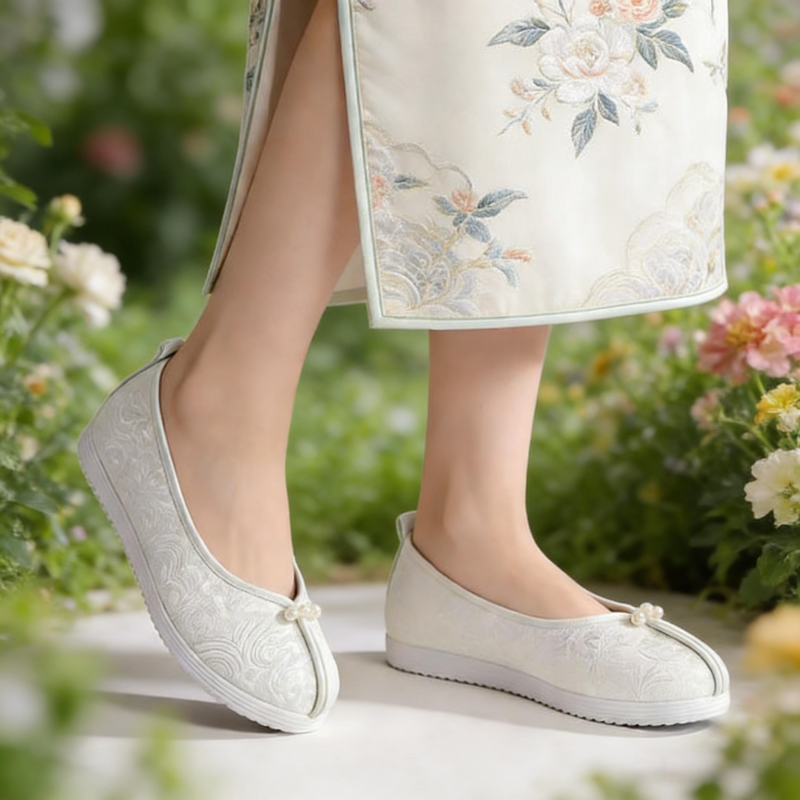 Jacquard Satin Flats mit Perlen