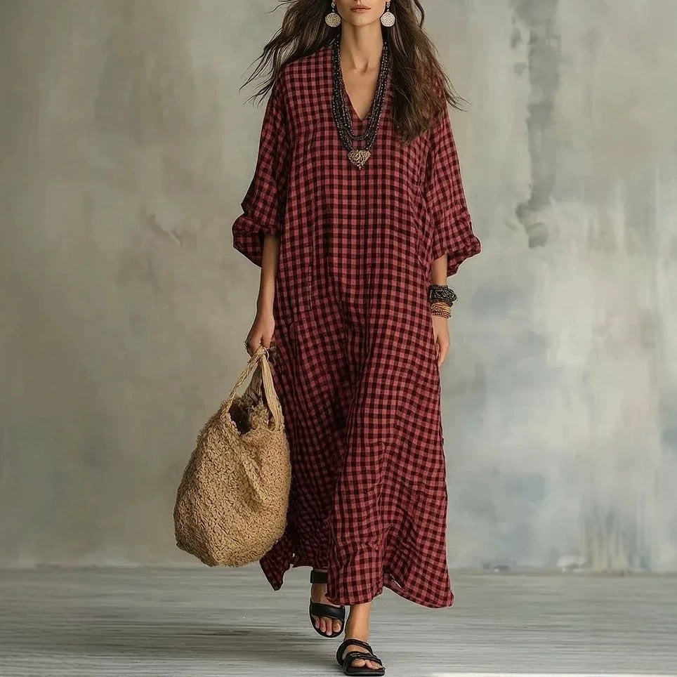 Retro Karo Leinenkleid für Damen