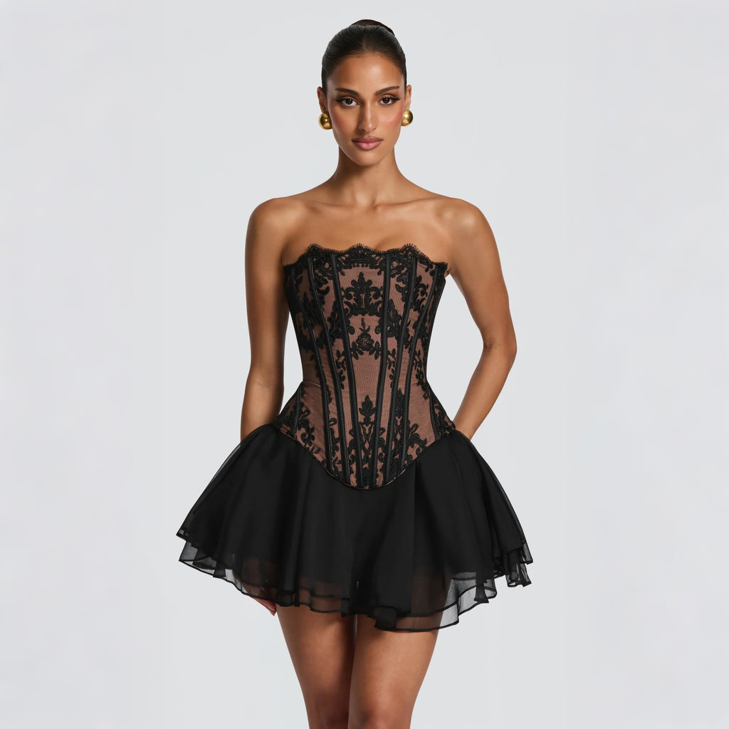 Trägerloses Fishtail Abendkleid-Set mit Mesh-Rock – Bild 3 | LuxeStyle