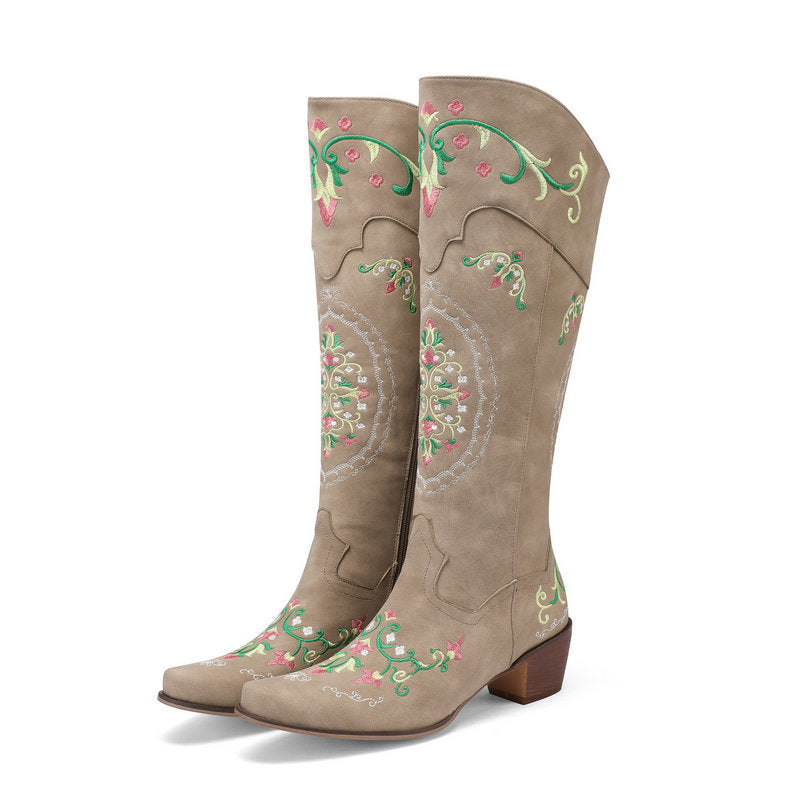 Chunky-Heel Retro Western Mid-Calf Boots