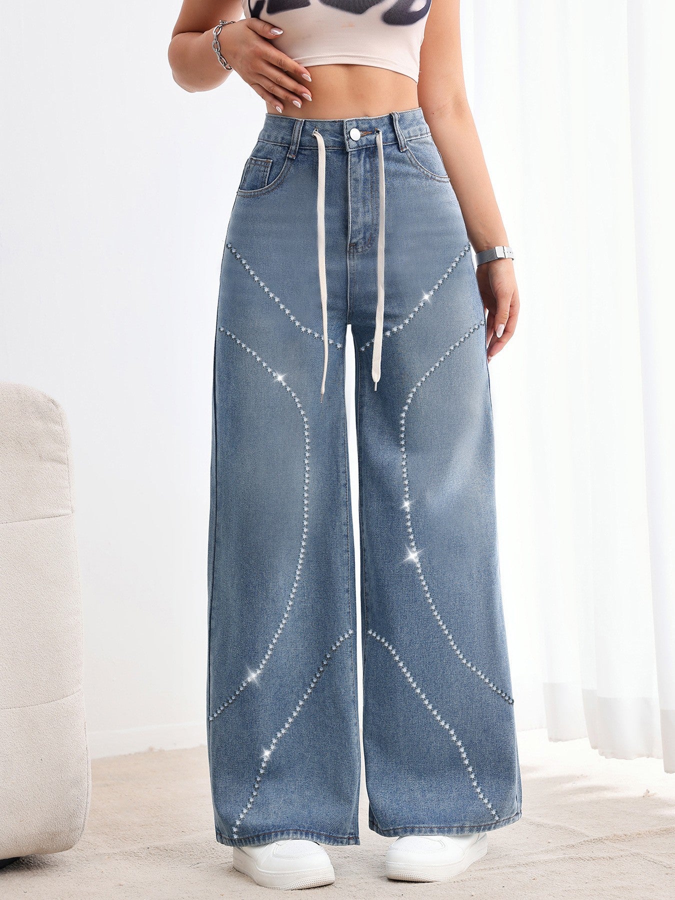 Amerikanisch Vintage Damen Denim Jeans mit Perlenstickerei