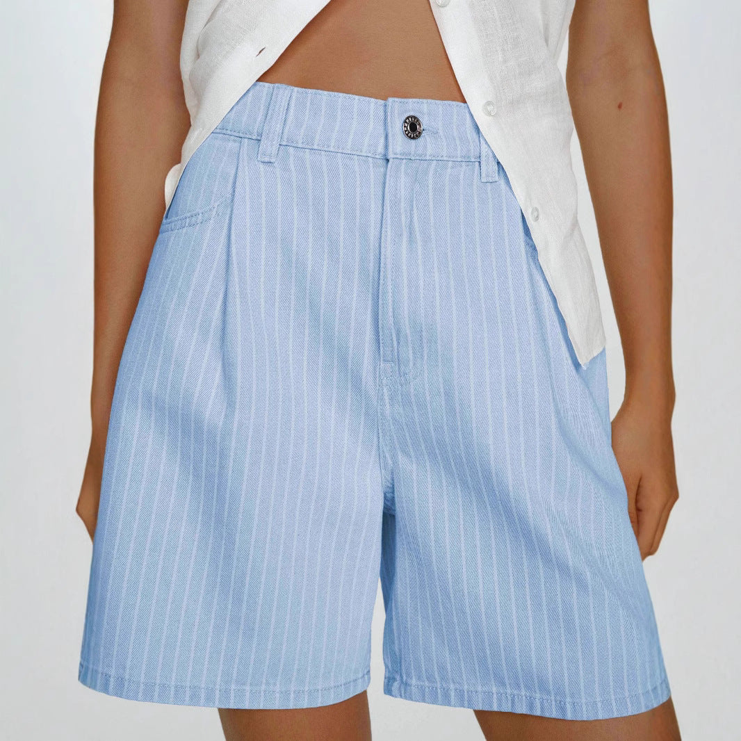 Gestreifte High-Waist Denim Shorts in Übergrössen