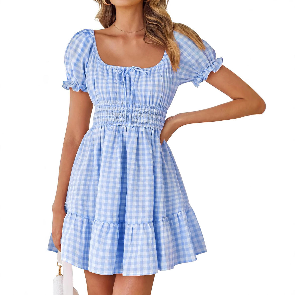 Kariertes Sommerkleid mit eckigem Ausschnitt – Bild 3 | LuxeStyle