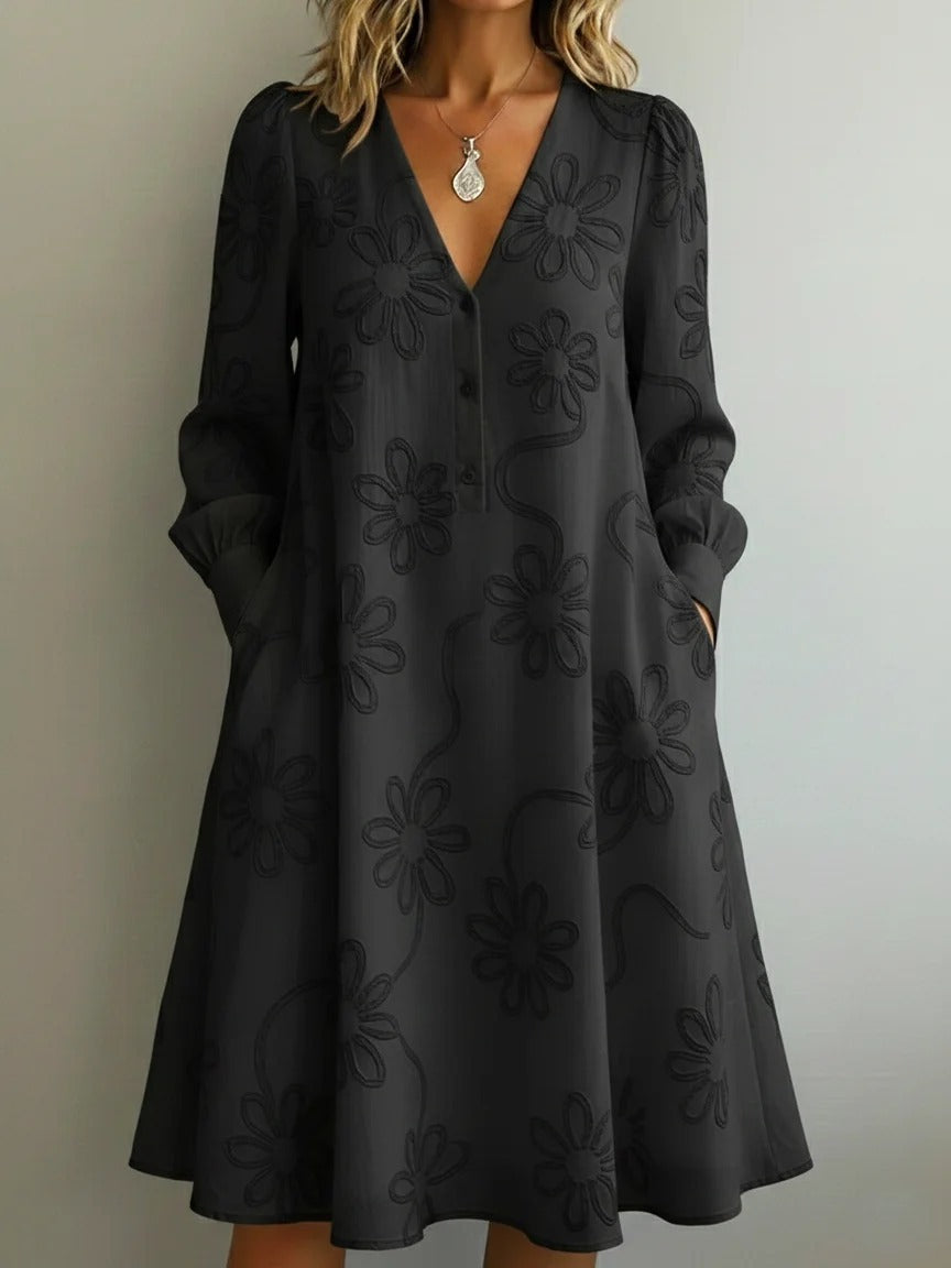 Elegantes Vintage Blumenstickerei V-Neck Kleid