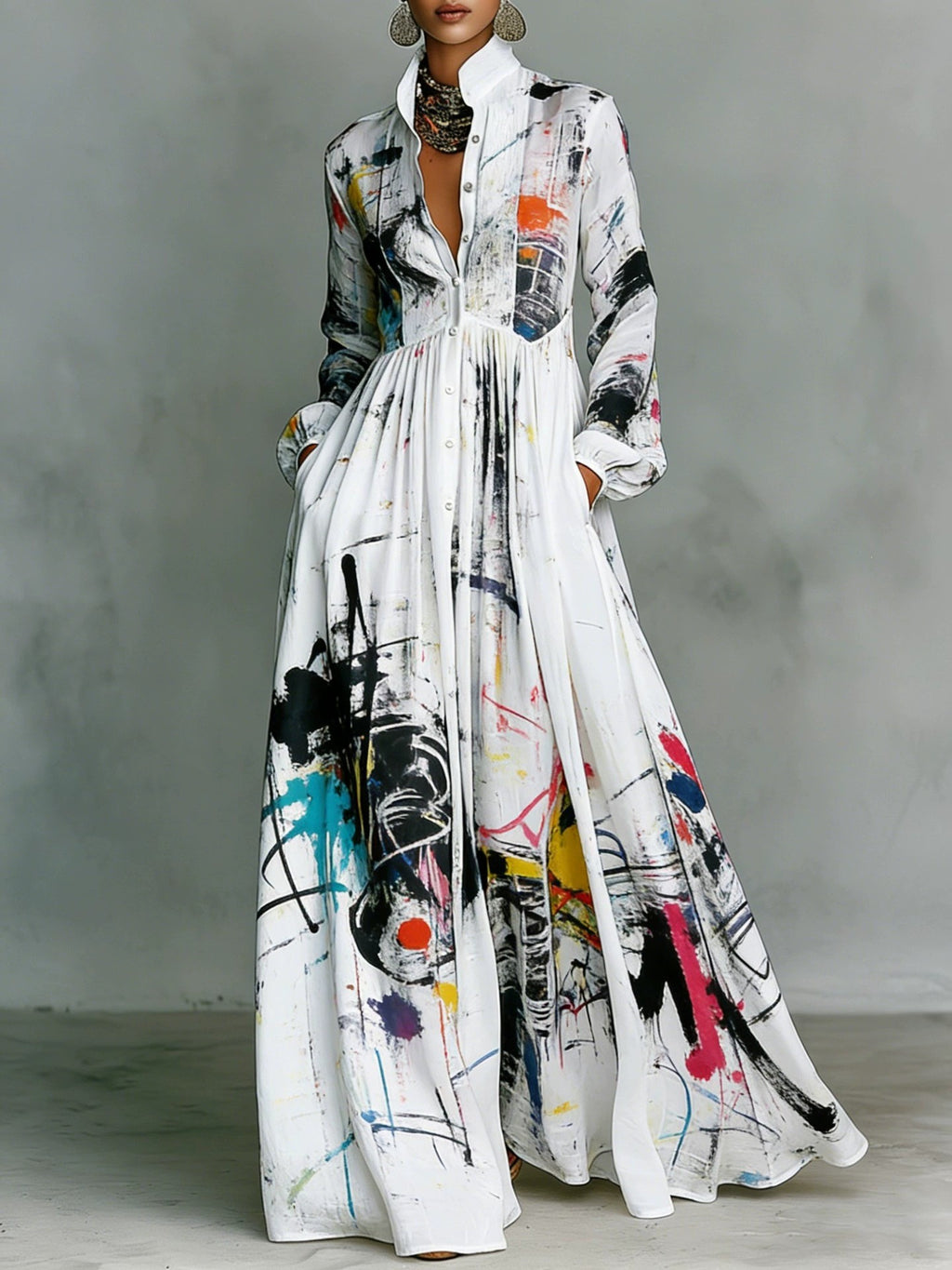 Maxikleid mit Stehkragen und Vintage-Print – Bild 9 | LuxeStyle