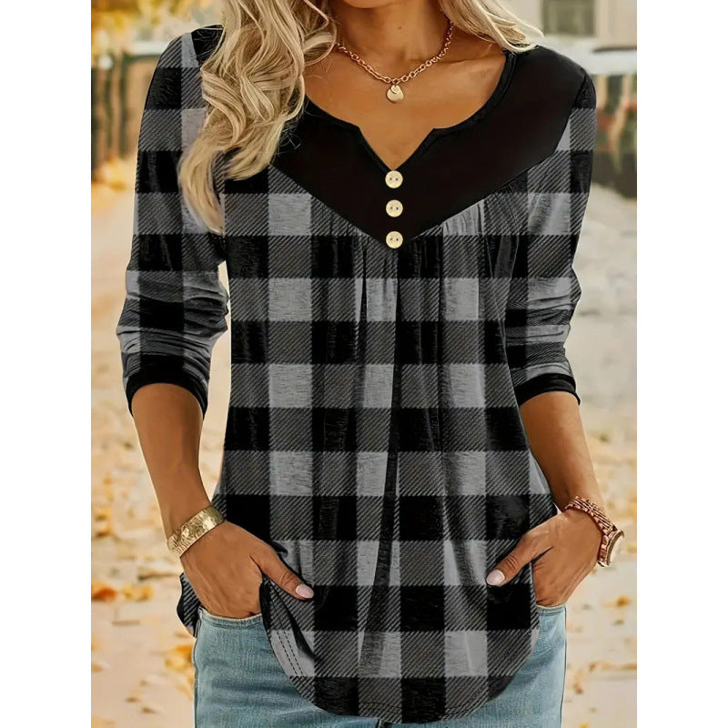 Lässiges Langarmshirt mit Falten und Karomuster