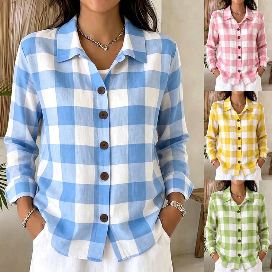 Bequeme Damen Langarm-Plaid-Shirt mit Knöpfen