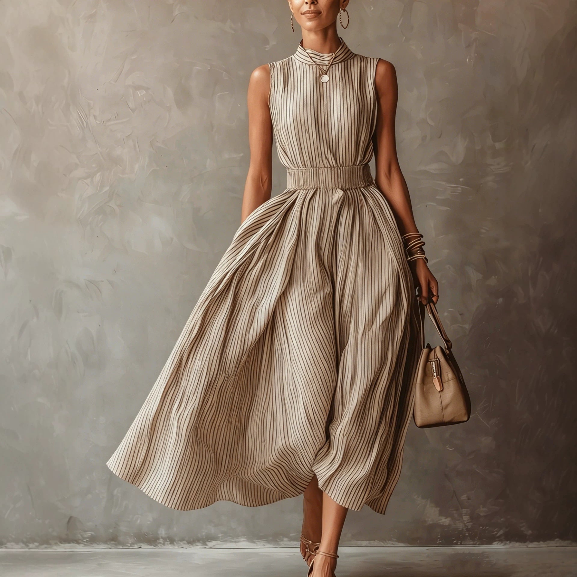 Ärmelloses Streifen-Kleid mit Taillenumspielung