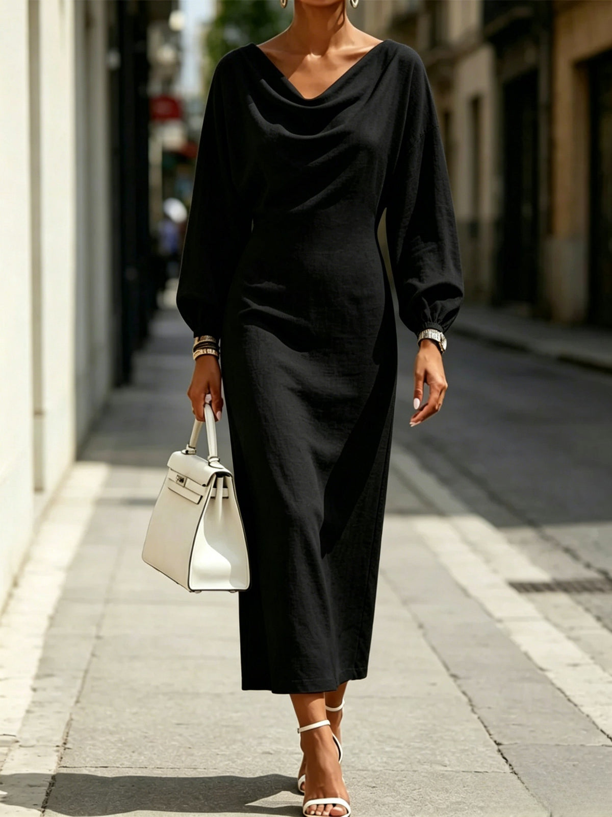 Elegantes Midi-Kleid mit A-Linie und Puffärmeln – Bild 2 | LuxeStyle