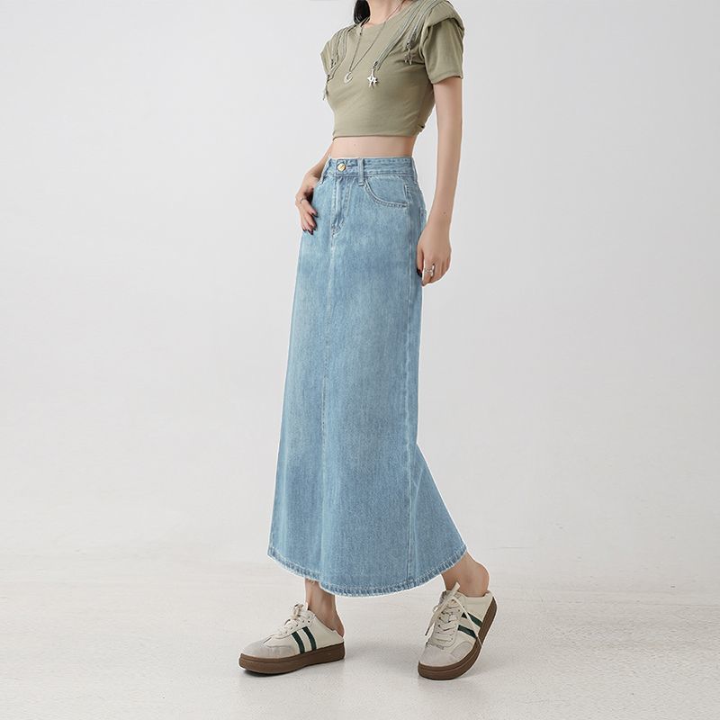 High-Waist A-Linien Midi-Jupe aus Denim – Ansicht 3