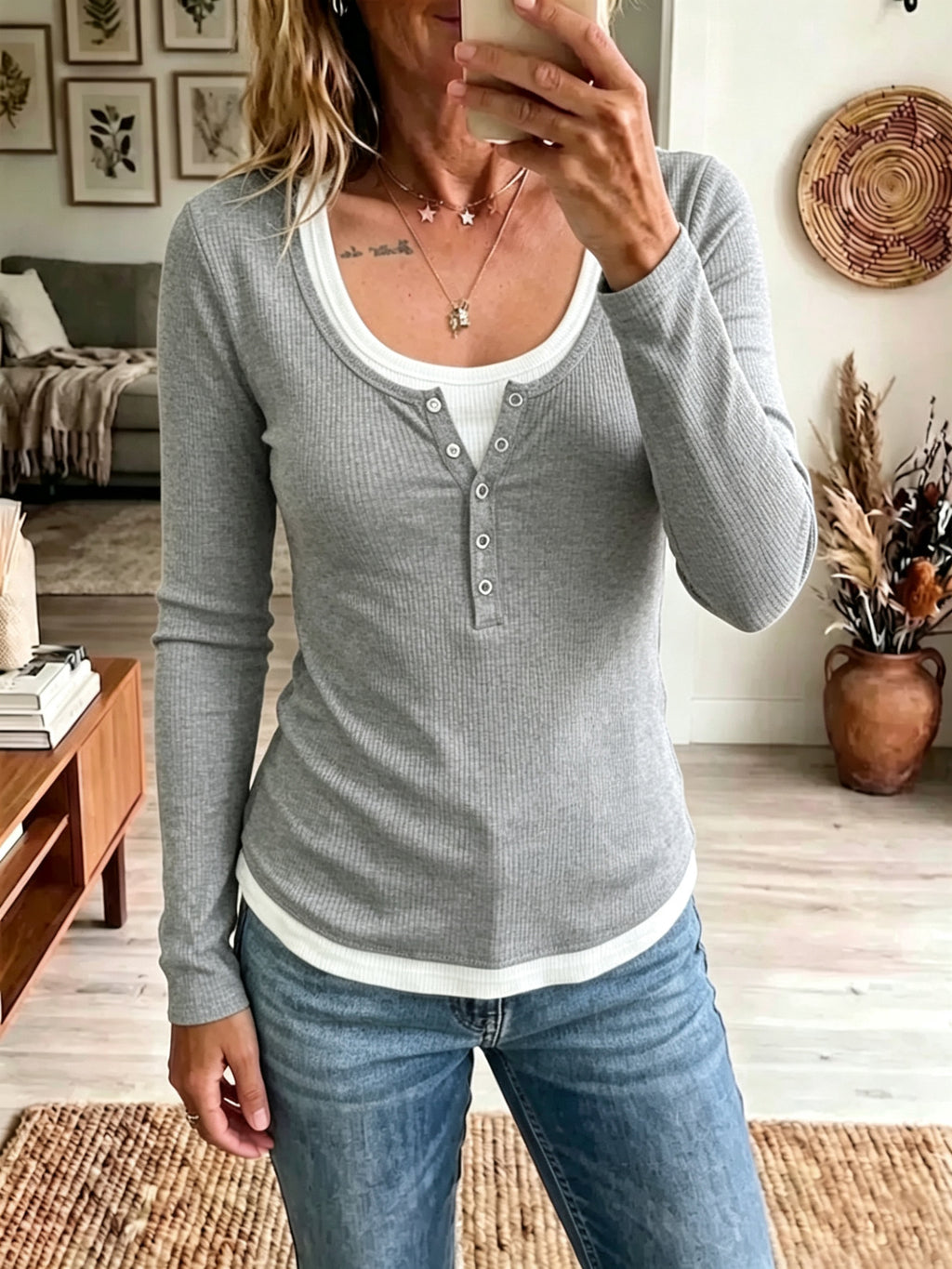 Damen Color-Block Langarm-Shirt mit Slim Fit – 2-Tonig
