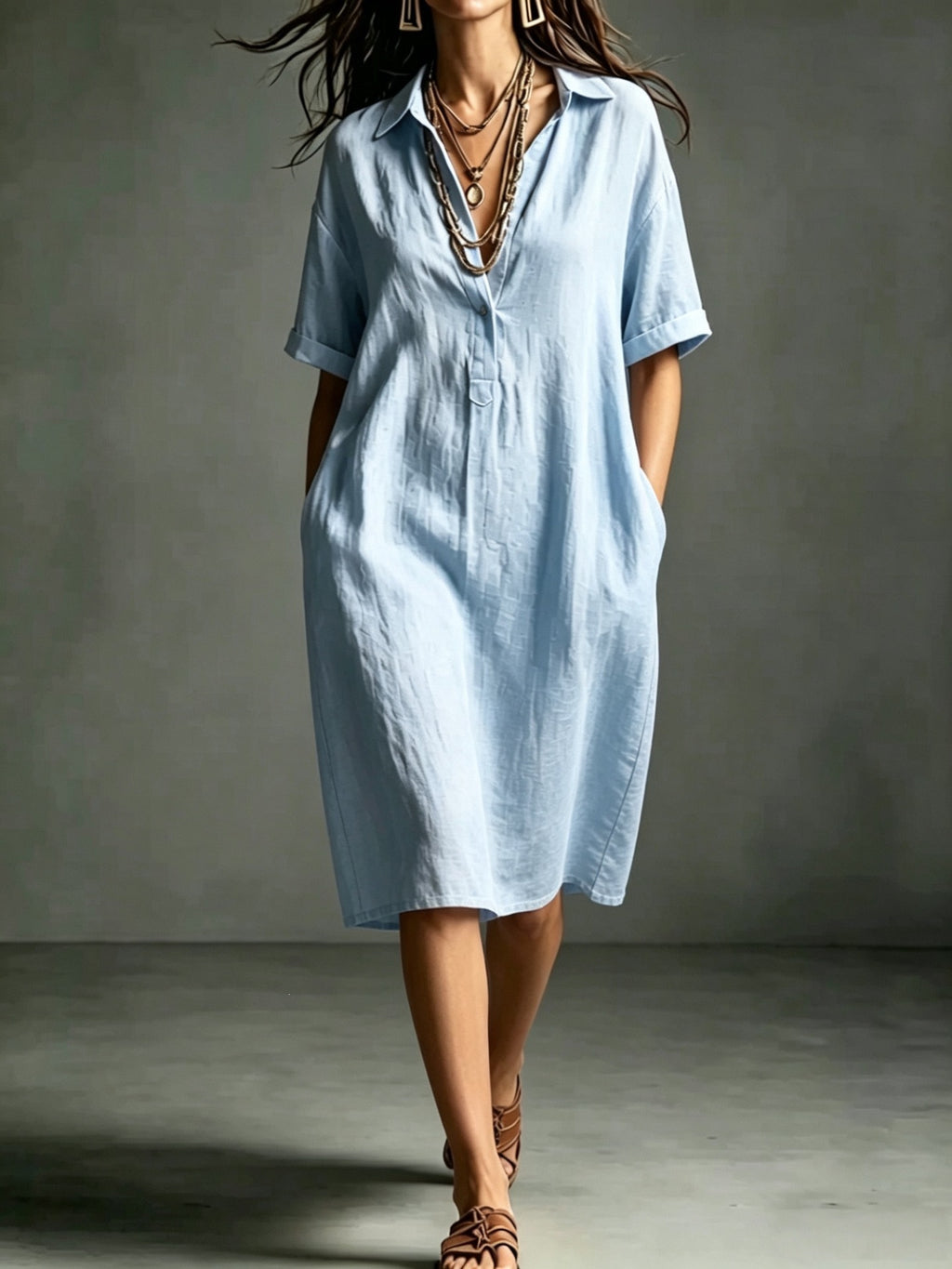Ärmelloses V-Neck Kleid mit Taschen