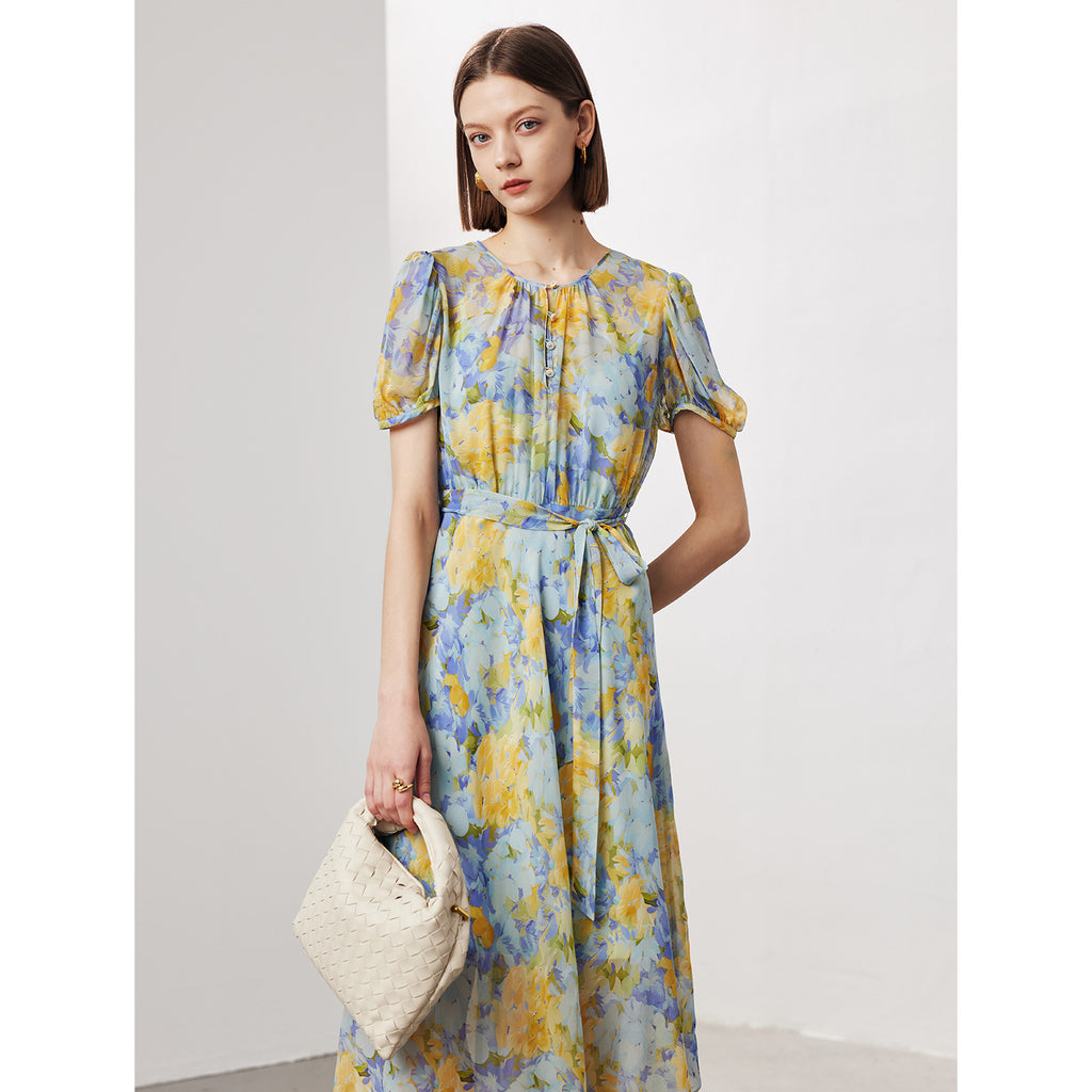 Florales langes Seidenkleid mit hoher Taille – Bild 6 | LuxeStyle